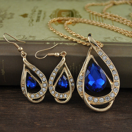 Double Drop Blue Crystal Necklace & Earrings Set – Elegant Teardrop Design