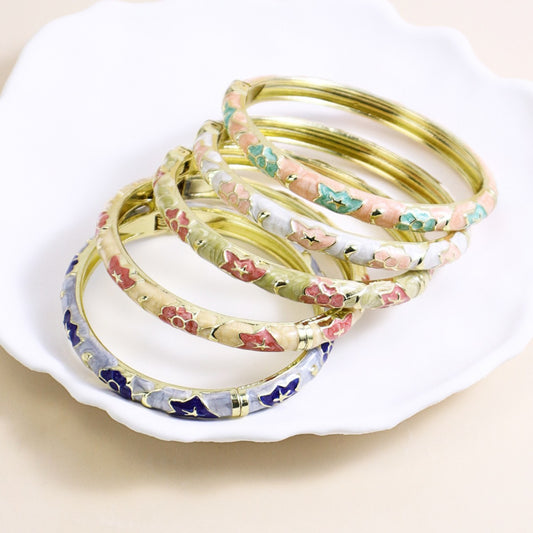 Artful Bloom Enamel Floral Bangle in Gold Tone
