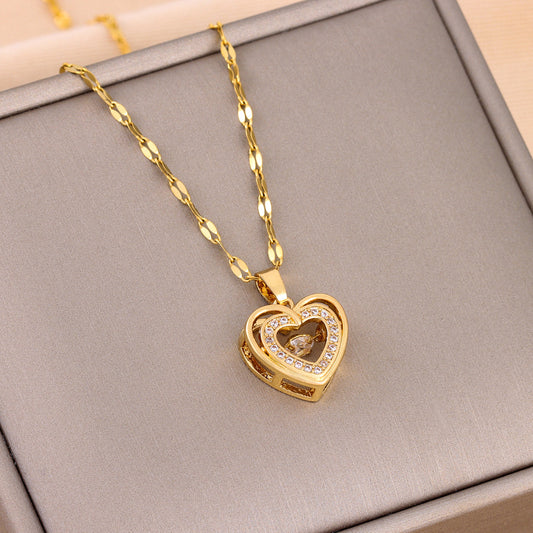 Modern Romance Heart Pendant Necklace in Gold Titanium Steel
